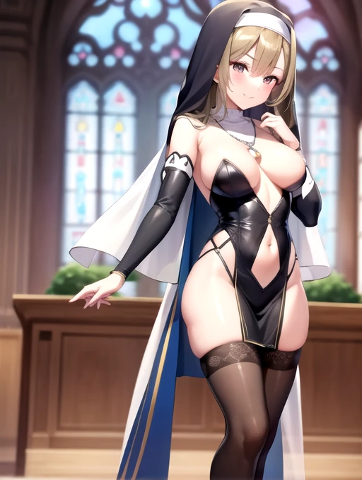 1girl, solo, asuna, large breasts, smiling, ((nun super micro small outfit), nun veil, necklace), church background, beautiful face, perfect detailed lines, (masterpiece), no blur, 8k image. Super tight, translucent micro clothes, small mini lace lingerie, hard nipples, super smal clothes, detailed skin, perfect details, ((half naked)), full body picture, tights, beautiful face