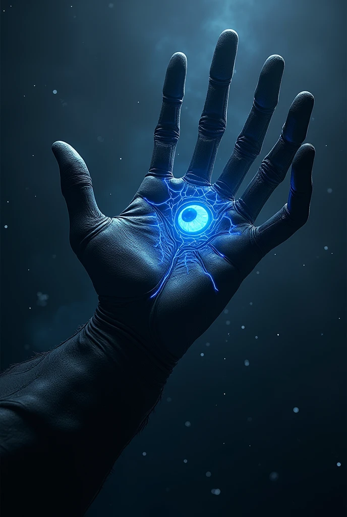 Lovecraftian monster in the form of an armless hand, giant and floating through space. Black in color and traversed by blue electricity. It has a large eye in the middle, The color blue. The fingers are long and twisted. 