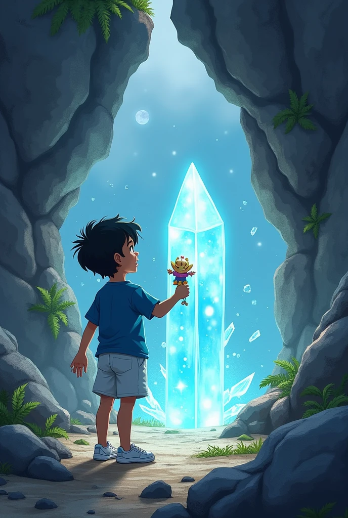 a boy with black hair, black eyes, wearing a blue shirt and white shorts and white sneakers with a toy in his hand, singing the song as the rock opens and the Crystal is released.