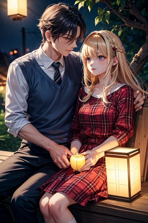 Couple sitting on a tree branch kissing ,They are in the heights, semi-realistic style, She is blonde with long hair , She has a blue t-shirt and skirt and long white socks, He is a vampire, his skin is bluish and he has black hair with bangs and he has a red plaid shirt and black pants. , It is night and the scene is lit by colorful lanterns,There are pink trees and lanterns around.