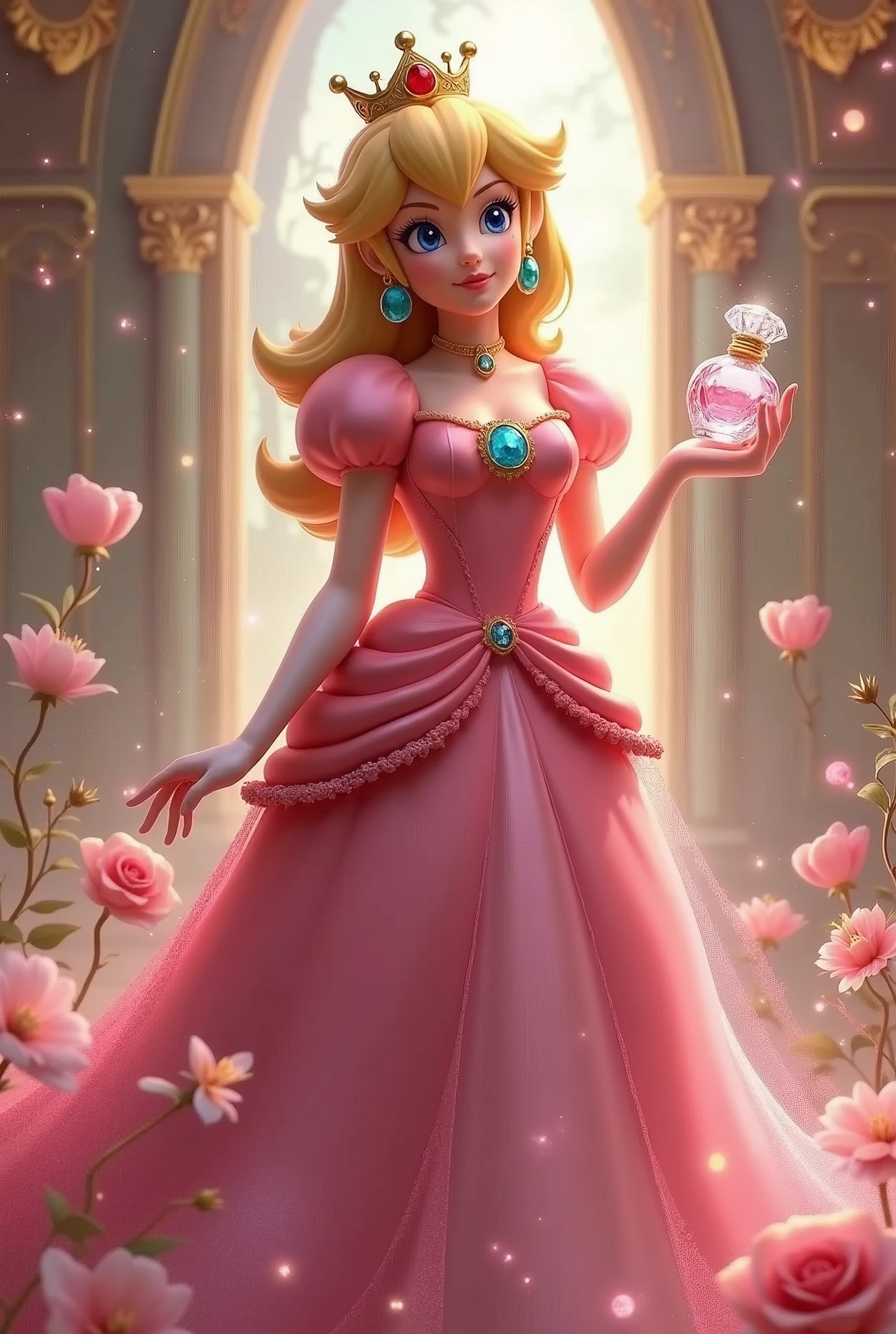 Princess peach from Mario bros wearing a parfum