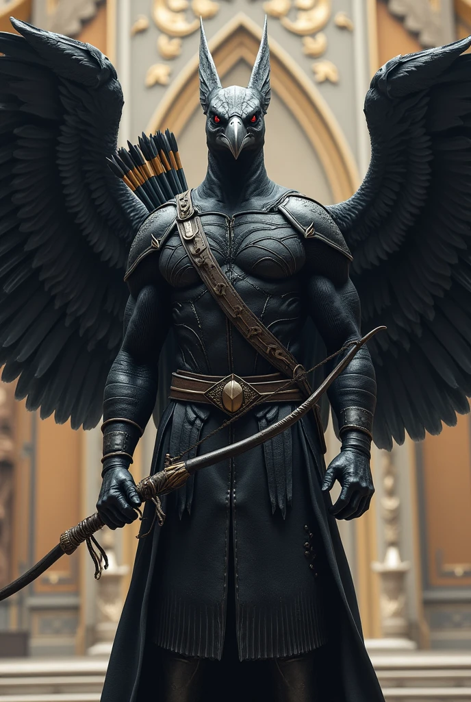 A strong Aarakocra warrior, all Black, WITH TWO LARGE WINGS,General of the Royal Guard and an archer