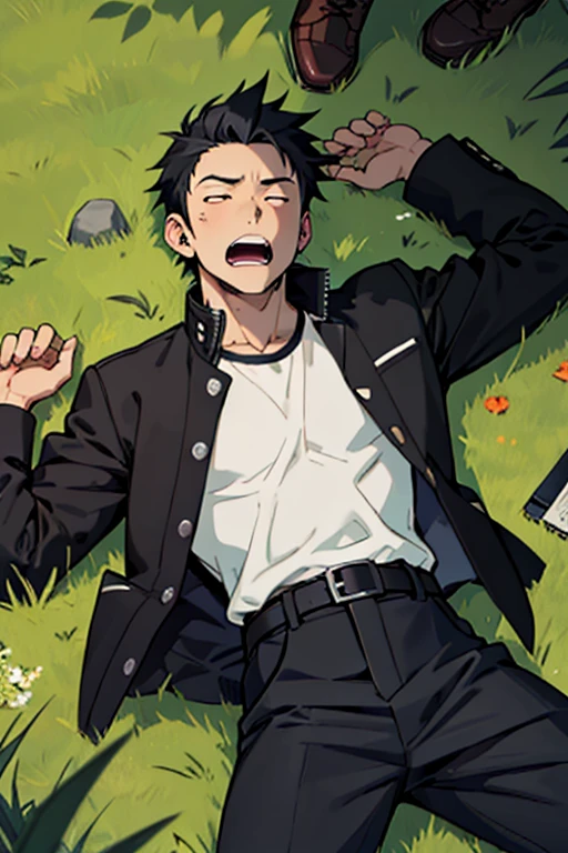 One boy, alone, Iris, Point pupils, Black Hair, short hair, gakuran, Black jacket,Red Shirt、Black Belt, Black trousers, bad、Riverbank、On the grass、Sleep with your legs apart, Scream Upper Body