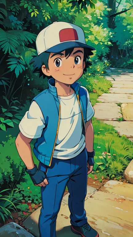 (1boy, solo, highly insanely detailed, masterpiece, top quality, best quality, highres, 4k, 8k, RAW photo),((innocent look)),((Childish)),From the front, symmetrical composition,smile,cute,Innocent,Kind eyes, ghibli style, forest, pokemonketchum, smile, looking at viewer, baseball cap, blue jacket, sleeveless jacket, shirt, short sleeves, pants, fingerless gloves,