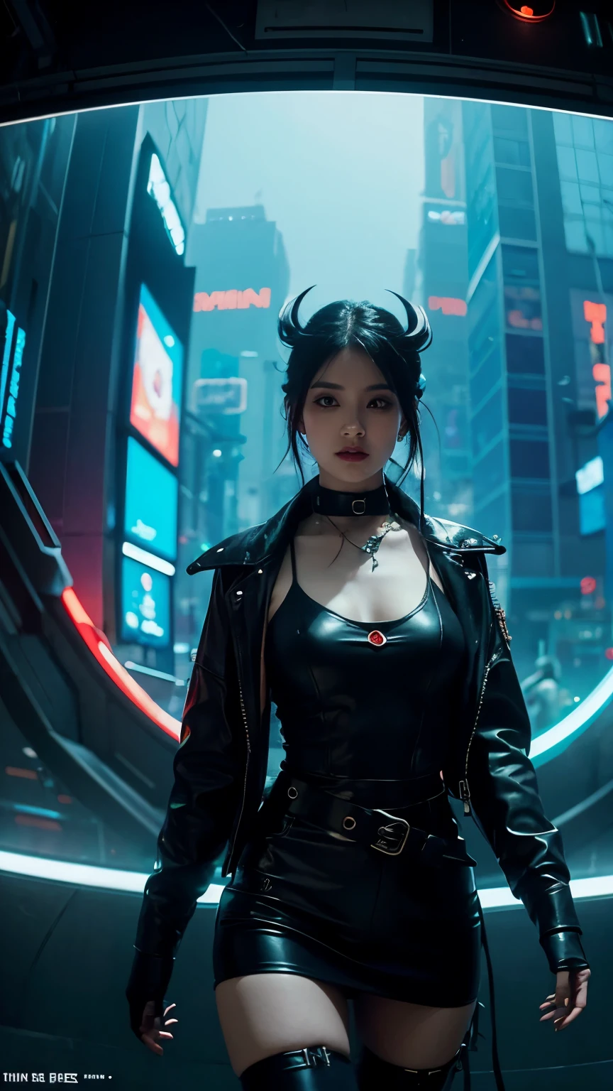 Ethereal and mysterious mythical lady dressed in cyberpunk fashion, captured with a fisheye lens. The image exudes excitement, featuring a cinematic composition with vibrant colors and futuristic details, reminiscent of a scene trending on ArtStation.