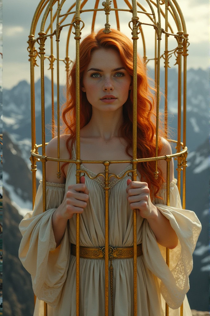 Red-haired peasant woman wearing a medieval dress with long red hair, trapped in a golden cage on Mount Olympus