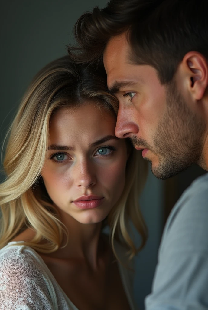 Blonde girl with brown eyes looking down with every sad while she is married to a man who is looking up with annoyed face and blue eyes