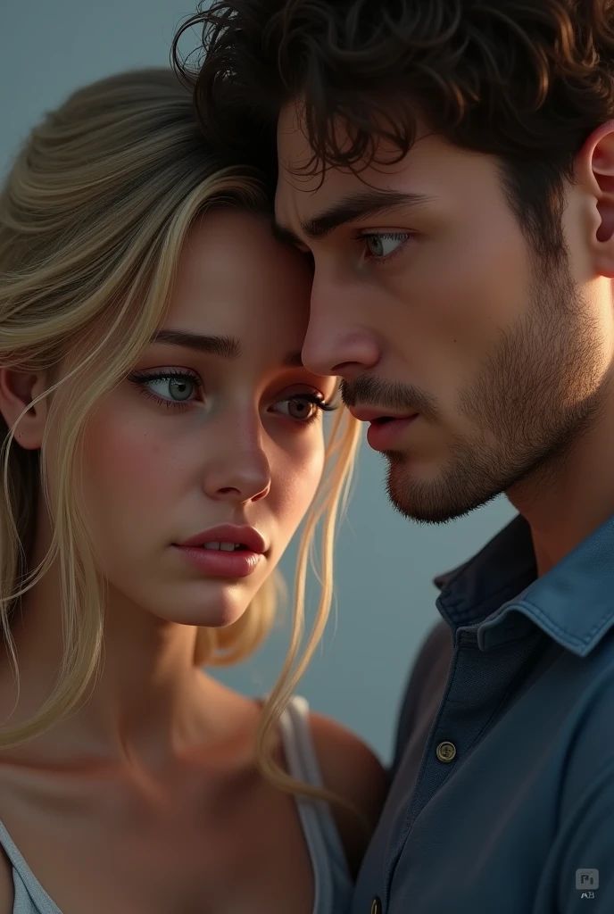 Blonde girl with brown eyes looking down with every sad while she is married to a man who is looking up with annoyed face and blue eyes