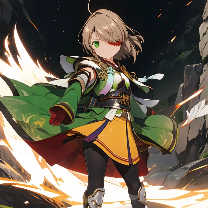 yamamoto kansuke, light brown hair, short hair, single braid, hair over one eye, ahoge, eyepatch, green eyes,　thunder　Lonely　despair　((night　Shining Aura))　(Big feather　dance　Blade of Light　length　Slashing)　night　thunder　star　Slashing　Catch the wind　