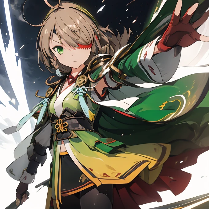 yamamoto kansuke, light brown hair, short hair, single braid, hair over one eye, ahoge, eyepatch, green eyes,　thunder　Lonely　despair　((night　Shining Aura))　(Big feather　dance　Blade of Light　length　Slashing)　night　thunder　star　Slashing　Catch the wind　