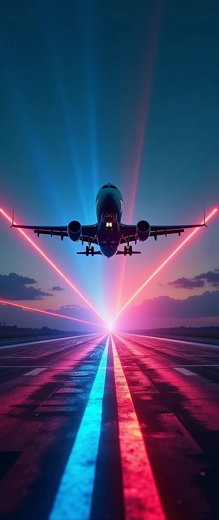 (masterpiece:1.2,Highest quality,Ultra-high resolution,Very detailed,Realistic,RAW Photos:1.2,Elaborate photos),8k,wallpaper,(Ray Tracing),A futuristic airplane taking off from the runway,Dynamic Angles),night,(Two rainbow-colored laser guide lights.0),(美しいnight景:2.0)