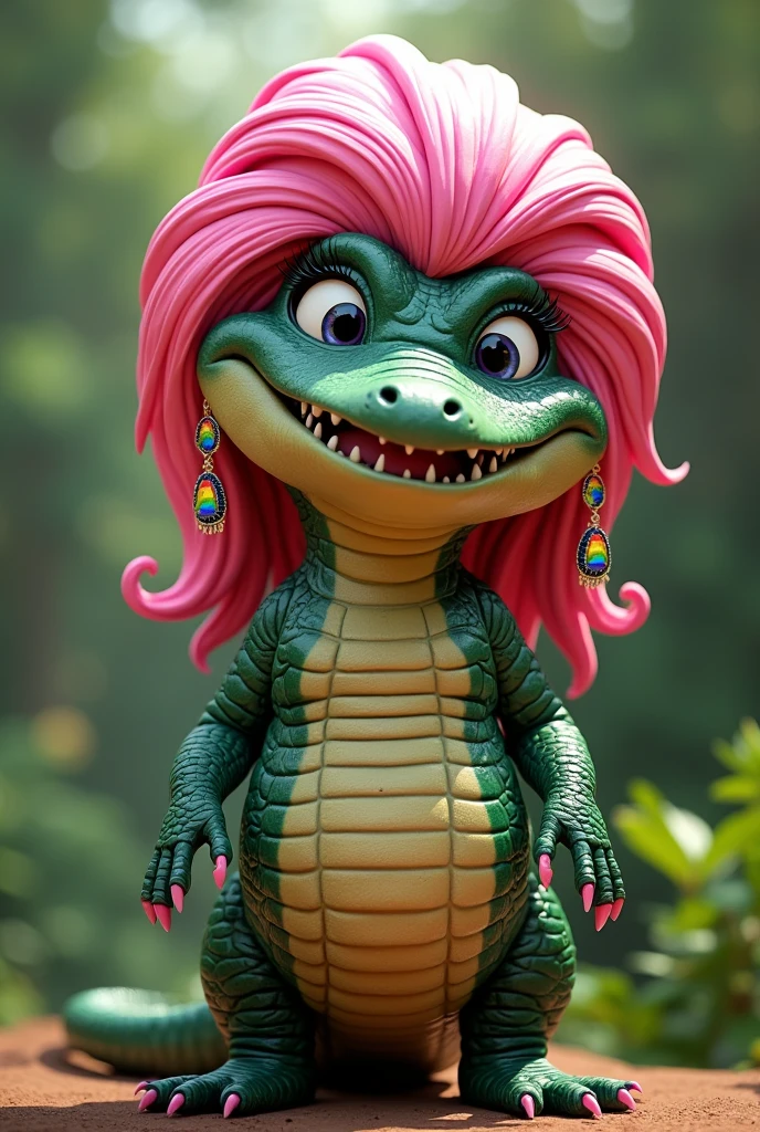 A drag queen alligator character from the interior of Minas Gerais ...dressed in flashy clothes ,Large earrings .. full lips and lots of makeup . Big gel nails all matching the LGBT flag. Long pink wigs....3D cartoon character 