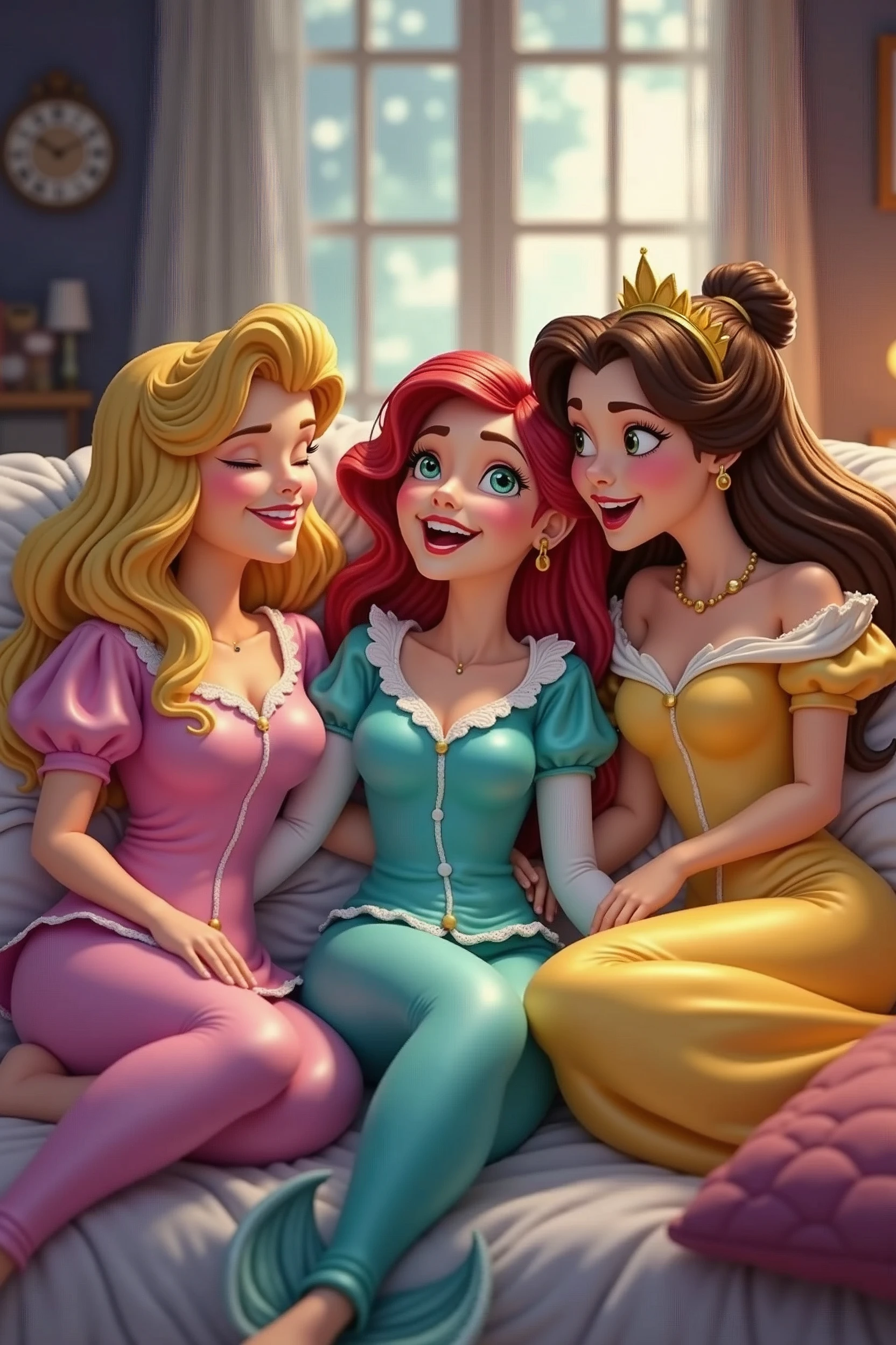 blond sleeping Beauty in a pink pijama, Ariel in turquoise pijama and Belle in a yellow pijama. the 3 friends in a slumber party laughing and having fun