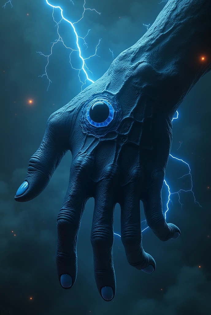 Lovecraftian monster in the form of a hand without an arm or wrist, giant and floating through space. Black in color and traversed by blue electricity. It has a large eye in the palm, The color blue. The fingers are long and twisted.