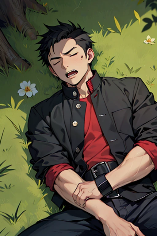 One boy, alone, Iris, Point pupils, Black Hair, short hair, gakuran, Black jacket,Red Shirt、Black Belt, Black trousers, bad、Riverbank、On the grass、Sleep with your legs apart, Scream Upper Body