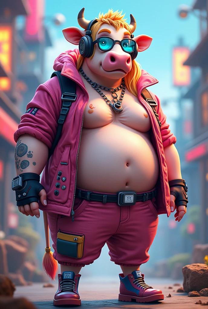 Plus size cow with blonde and pink long hair and gamer outfit