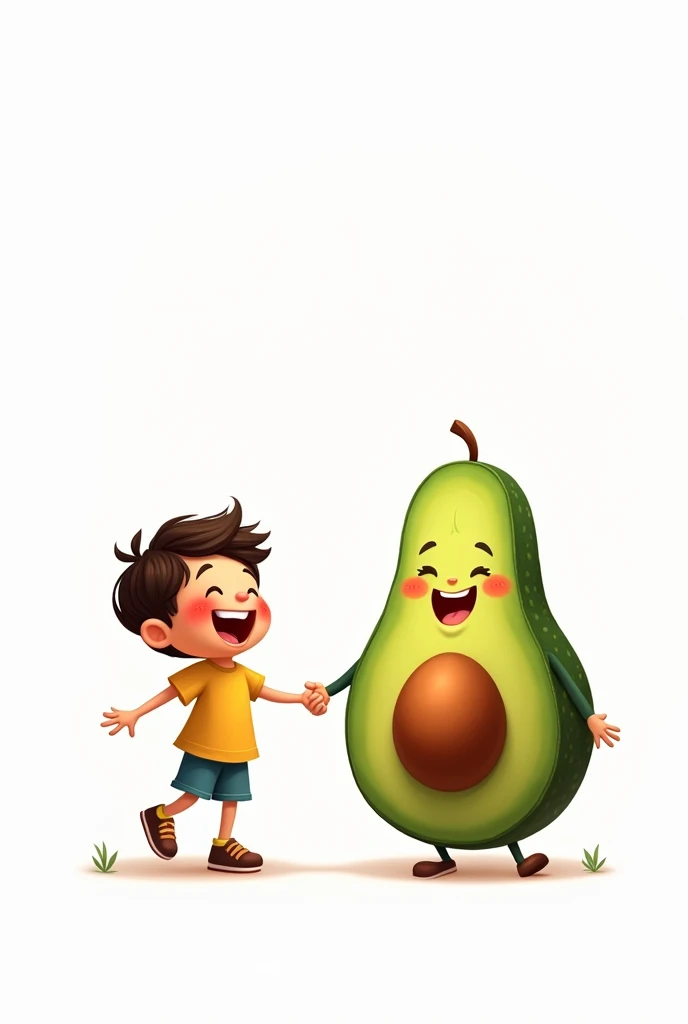 A child jumping happily hand-in-hand with a happy smiling avocado, white background 