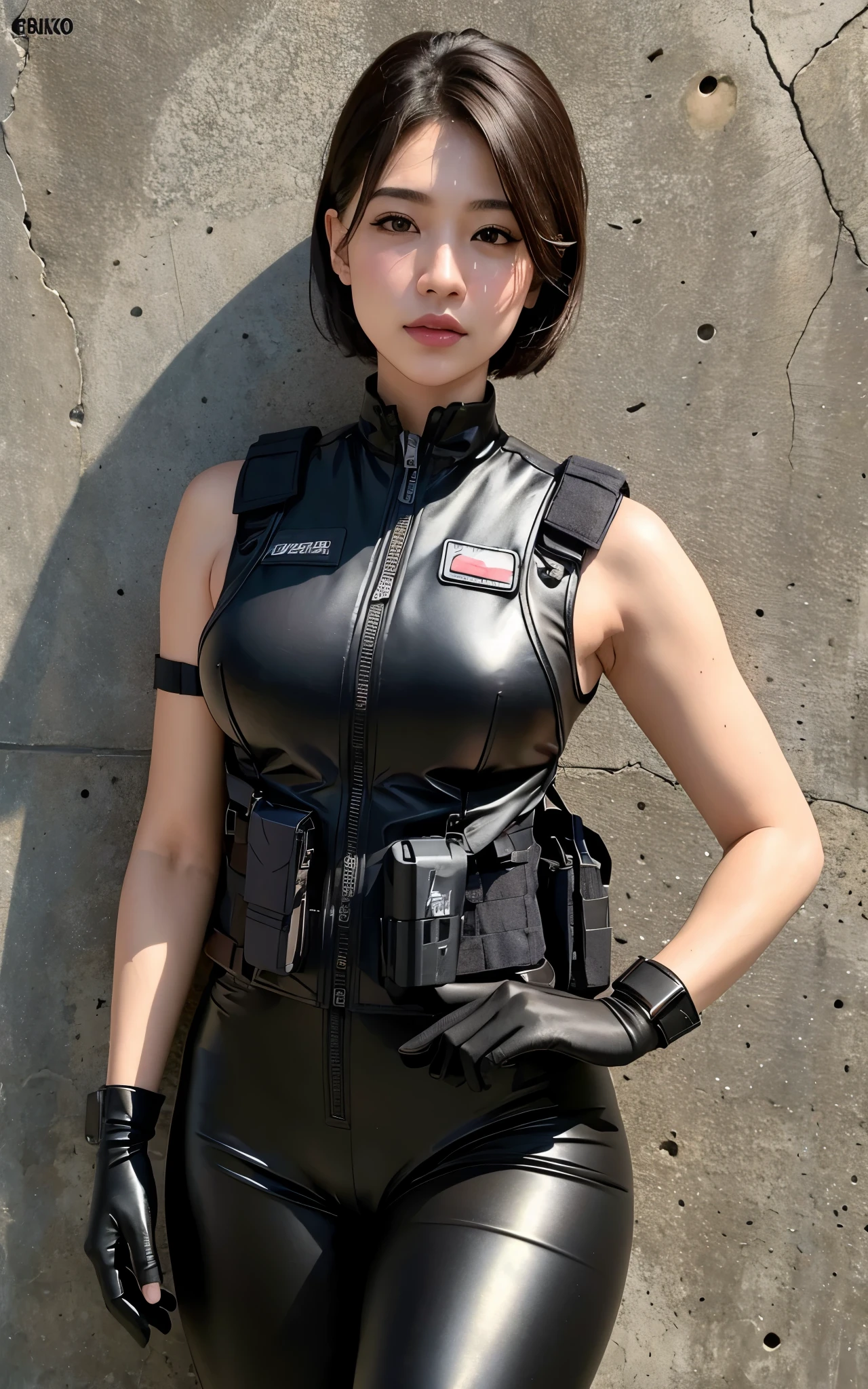 ((Best Quality, 8K, Masterpiece: 1.3)), ((best quality)), photorealistic, photorealism, Photorealistic, high resolution, 1girl , muscular:1.2, normal breasts, thick thigh, looking at the viewer, (Detailed face), short hair, (wearing dark rubber suit, tactical vests, military harness, black gloves, high-tech headset), revealed thigh, Fingers are occluded, concrete wall background,