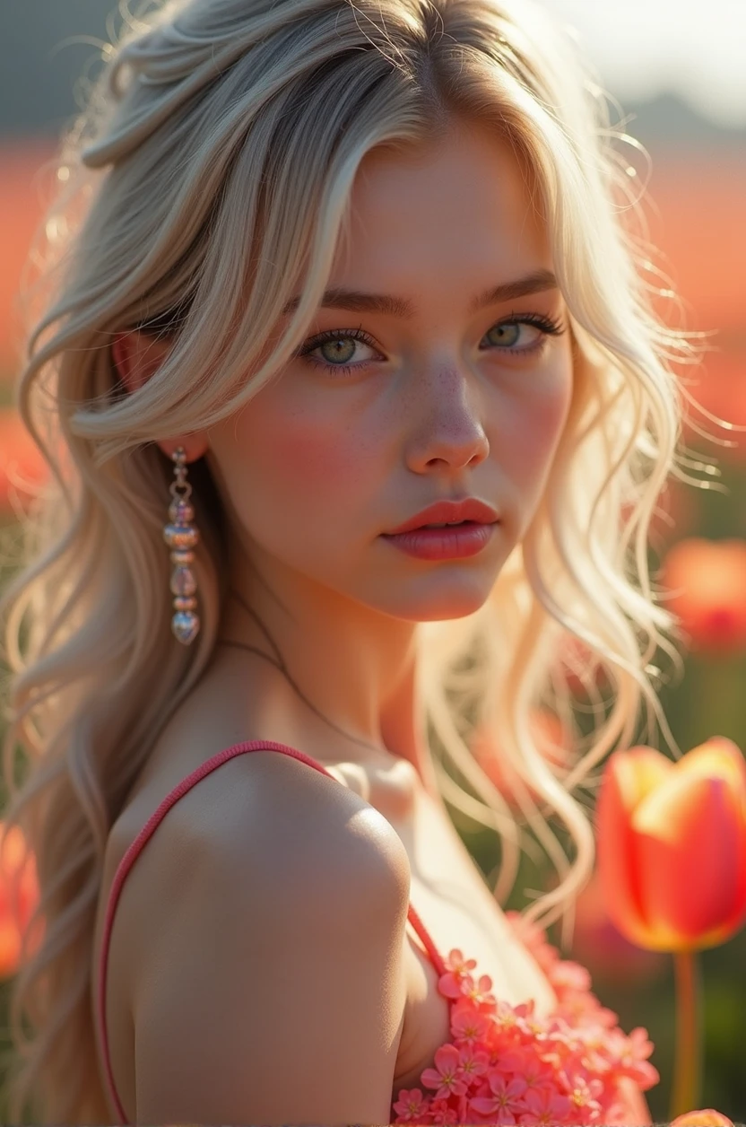 Exquisite girl，Black eyes，blond hair，tulip，Flowers，glowing jewelry，gorgeous，high resolution，极high resolution，wallpaper，Adding details，Clarity Enhancement，Detail Enhancement,Silver Hair,Divine Light
