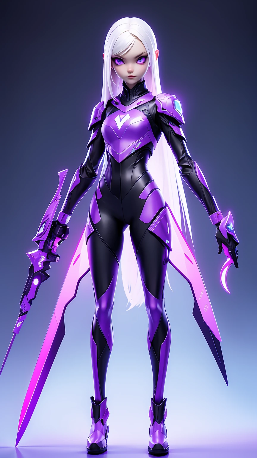 ((Best Quality)), ((Masterpiece)), ((Realistic)) slender, cute girl with medium-length white hair and vibrant purple eyes. She wears a tight-fitting, sleek suit with high-tech boots and chestplates. The outfit includes matching vambraces, all in a futuristic, high-tech design. She wields a high-tech sword, adorned with glowing lights along the blade and hilt. The girl's expression is calm and focused, complementing her stylish, advanced gear.