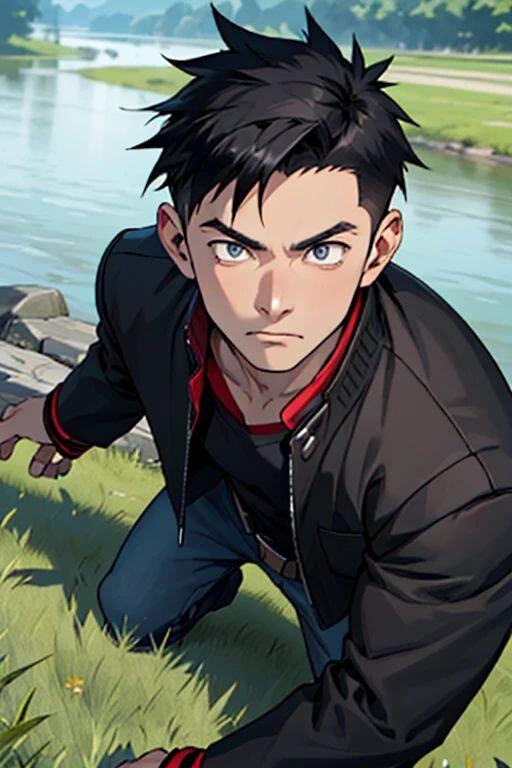 One boy, alone, Iris, Point pupils, Black Hair, short hair, gakuran, Black jacket,Red Shirt、Black Belt, Black trousers, bad、Riverbank、On the grass、Close-up of face