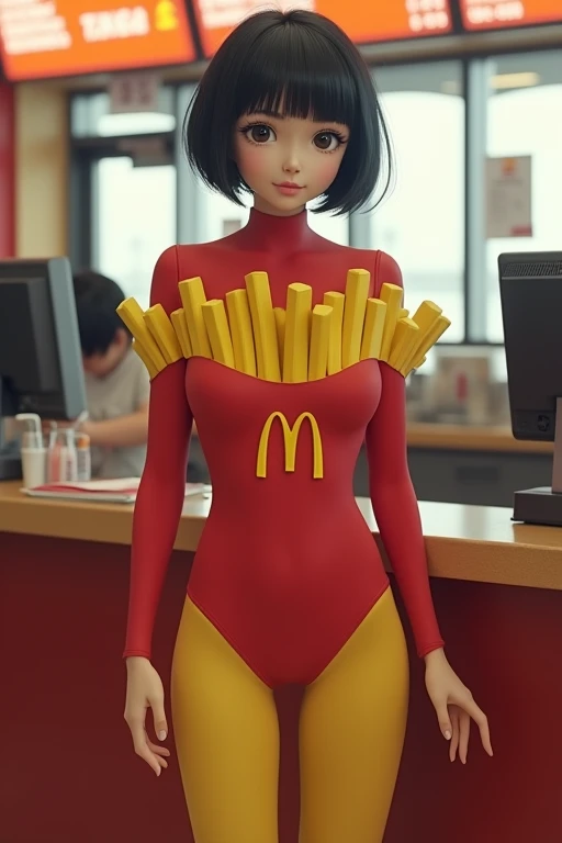 A Japanese woman in her 20s with black bob hair wearing yellow tights, a red wetsuit, a French fry costume from head to waist, black high heels, and a shy expression on her face stretching on the cash register. Inside a McDonald's. Full-body shot.