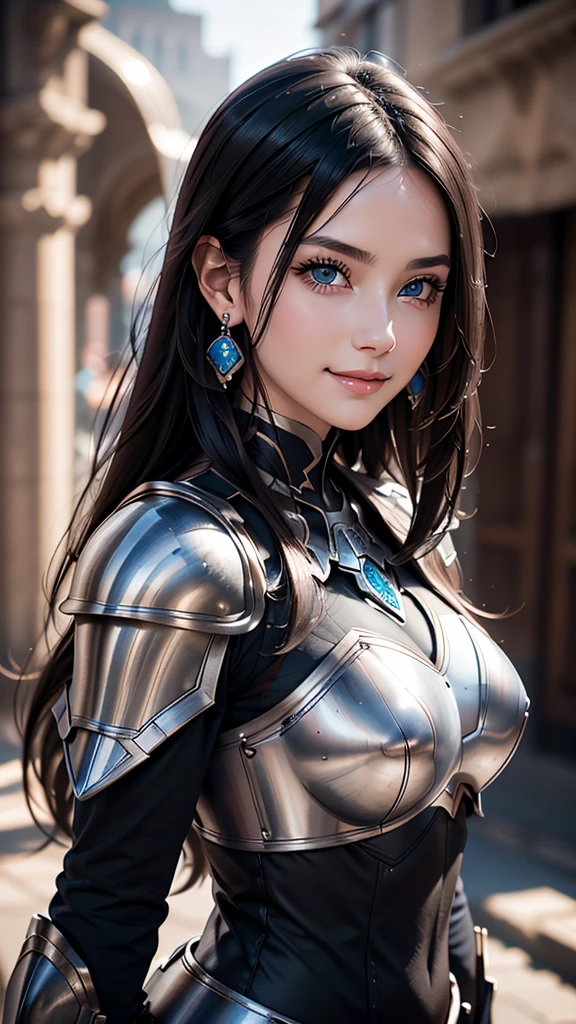 1girl, armor, black_hair, blurry, blurry_background, blurry_foreground, breasts, blue_eyes, closed_mouth, depth_of_field, earrings, jewelry, long_hair, looking_at_viewer, smile, solo, upper_body