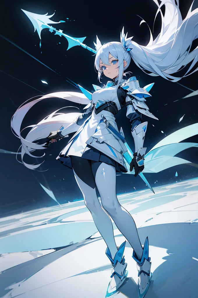 A anime woman, white long pigtail hair, blue eyes, ice armor, ice leggings, holding a ice spear, standing, full body, serious expression