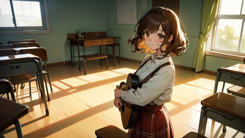 An anime-style scene set in a bright classroom with sunlight streaming through the large windows. A cheerful girl with medium-length brown hair and soft curls stands by the window, holding an acoustic guitar. She’s wearing a school uniform consisting of a white blouse, a plaid skirt, and a loose-fitting cardigan. Her expression is warm and inviting, with a gentle smile on her face. The sunlight casts a soft glow on her, highlighting her as the focal point of the image. In the background, desks and chairs are arranged neatly, with a few potted plants on the windowsill. The scene is peaceful and filled with a sense of youthful joy. Text appears at the bottom of the image, displaying her name, "Yuki," and her role, "Vocalist," in a stylish, anime-like font. The overall mood is light, happy, and filled with the promise of new beginnings.

