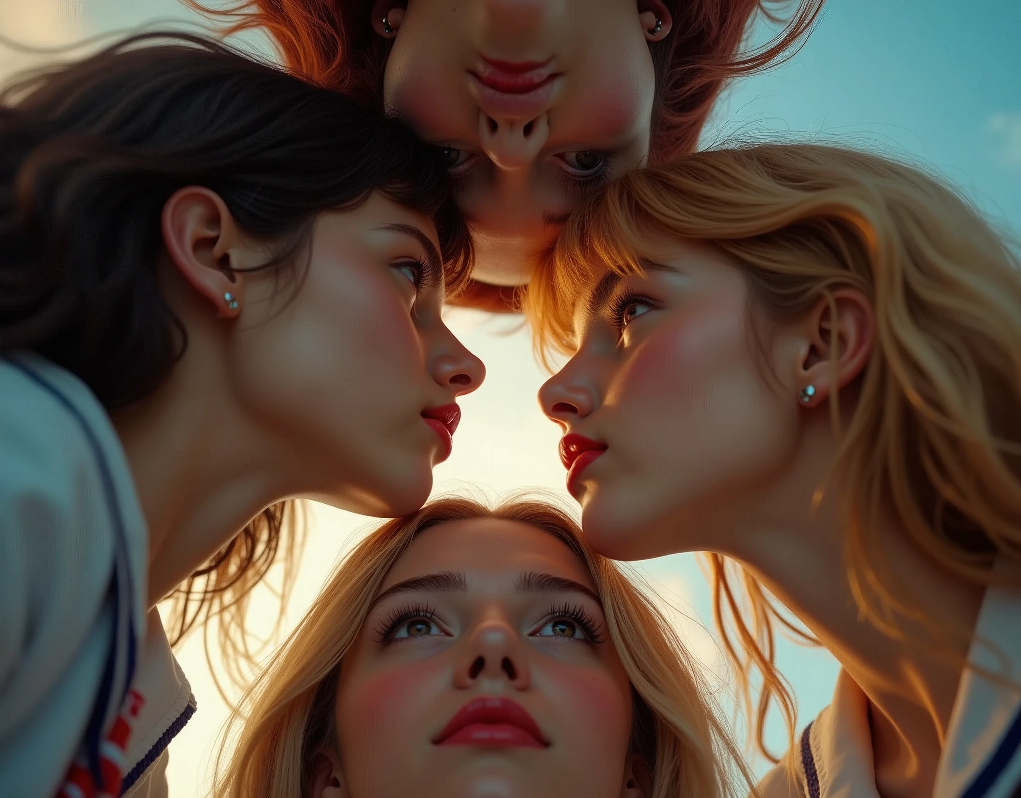 (((masterpiece))), (((Highest quality))), ((Very detailed)), (photograph), Best_Quality, HDR, photorealistic masterpiece, Hi-Res, (paparazzi photo:1.2) of a group of 3SchoolGirls Surrounding the camera in Upward composition, (European face variations:1.4), {Looking down at the camera | (Kissing face to face)}, (close:1.2, Face closeup from below:1.4), (Sky background), real skin pores. Extremely Detailed face variations, detailed Eyes, eyelashes, red lips with beautiful details, natural photorealistic skin. SchoolUniform, {Different types of hair colors | blond, redhead, brunette} , Different types of faces and races. Cinematic lights. Masterpiece, best quality, 8K, photo realistic, wallpaper, wallpaper 8k, photographic contest winner, Hyperrealistic art cinematic film still photography in the style of detailed hyperrealism photoshoot. [Entire scene is surrounded by lights, evoking a magical and eerie atmosphere. The lighting is bright and atmospheric, with smoke adding a touch of sinister ambiance. Best quality image, HDR enhancement, showcasing the utmost level of detail and realism]. [8K, Best Quality, Ultra High Resolution, (highly detailed CG unity 8k wallpaper), (best photo), (best shadows), isometric 3D, octane rendering, ray tracing, highly detailed, (Best quality, 4K, 8k:1.2), absurdity, ultra detailed, (realistic, photorealistic, photorealistic:1.37), complex parts, HDR, (complex parts:1.12), (hyper detailed, hyper realistic, Soft lighting, spicy:1.2), (complex parts, Hyper detailed:1.15). Blurred foreground. (backlit), masterpiece, high quality, brightness, chromatic aberration, foggy smoke, shadows, contrast, clear sky, (warm hue, warm tone), high details, natural reflections].