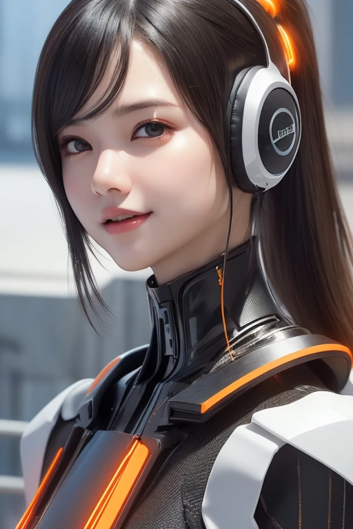 Top Quality, Masterpiece, Ultra High Resolution, (Photorealistic: 1.4), Raw Photo, 1 Girl, Black Hair, Glossy Skin, 1 Mechanical Girl, (((Ultra Realistic Details)), Portrait, Global Illumination, Shadows, Octane Rendering, 8K, Ultra Sharp, Intricate Ornaments Details, realistic skin, sweat effect, ((wearing Headphone)), very intricate detail, realistic light, CGSoation trend, brown eyes, glowing eyes, matte black and glossy orange mechanical bodysuit, Long hair, black hair, Ponytail hair, Half body shot, spaceship bridge background, dynamic pose, cute smile, close up, Open Mouth, facing audience