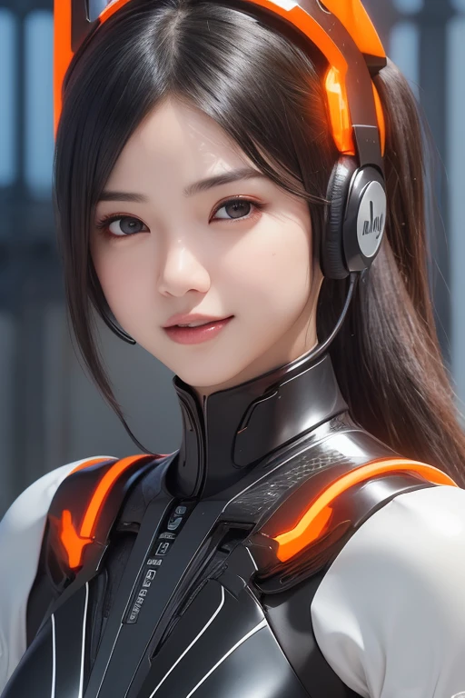 Top Quality, Masterpiece, Ultra High Resolution, (Photorealistic: 1.4), Raw Photo, 1 Girl, Black Hair, Glossy Skin, 1 Mechanical Girl, (((Ultra Realistic Details)), Portrait, Global Illumination, Shadows, Octane Rendering, 8K, Ultra Sharp, Intricate Ornaments Details, realistic skin, sweat effect, ((wearing Headphone)), very intricate detail, realistic light, CGSoation trend, brown eyes, glowing eyes, matte black and glossy orange mechanical bodysuit, Long hair, black hair, Ponytail hair, Half body shot, spaceship bridge background, dynamic pose, cute smile, close up, Open Mouth, facing audience