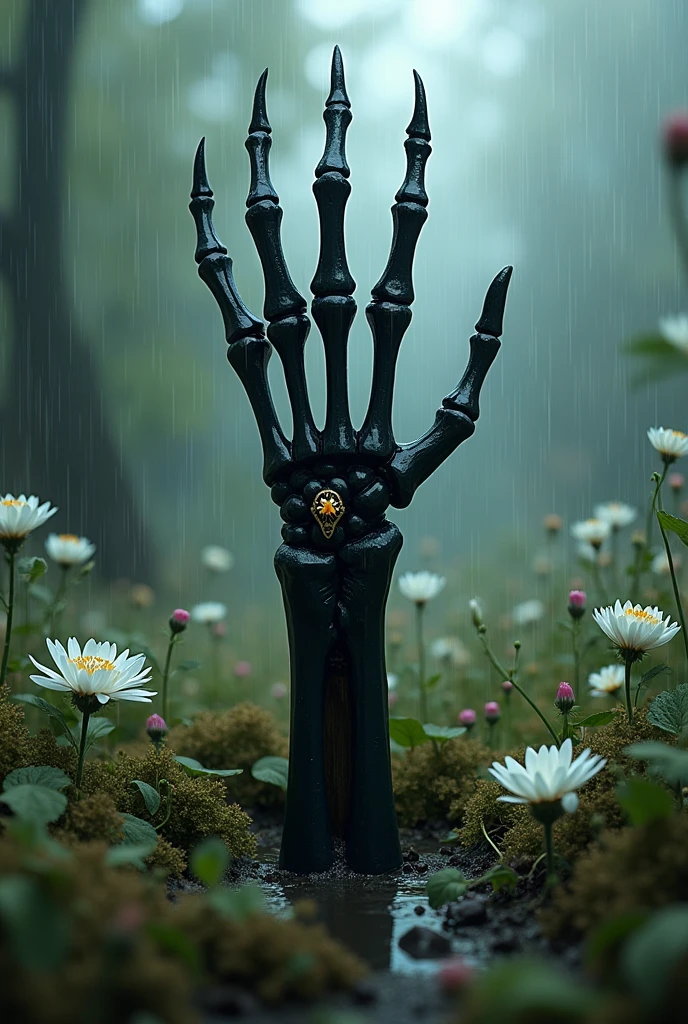 ((Artwork, high quality)), (skeletal black hand), (emerging from the ground), (surrounded by flowers), (wearing a ring on one of the fingers), (rainy atmosphere).






