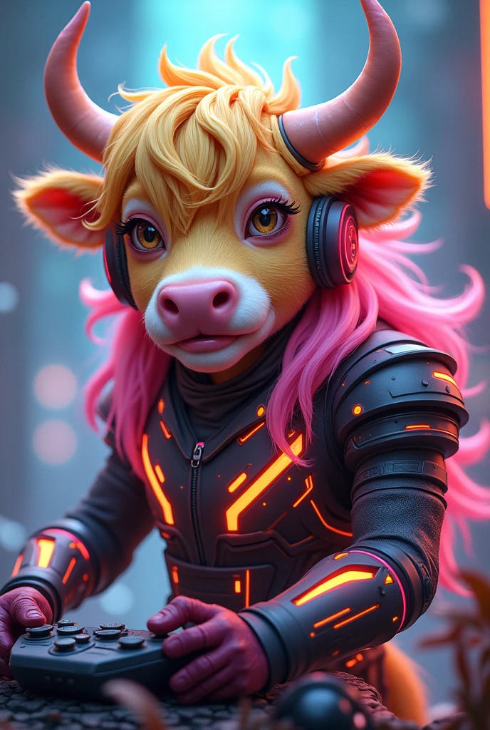 cow with blonde and pink long hair and gamer outfit