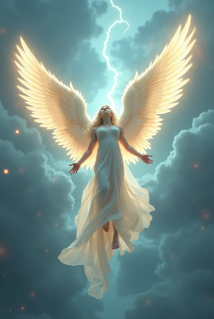 An angel falling from the sky with 6 wings made of white hair and long robes on fire