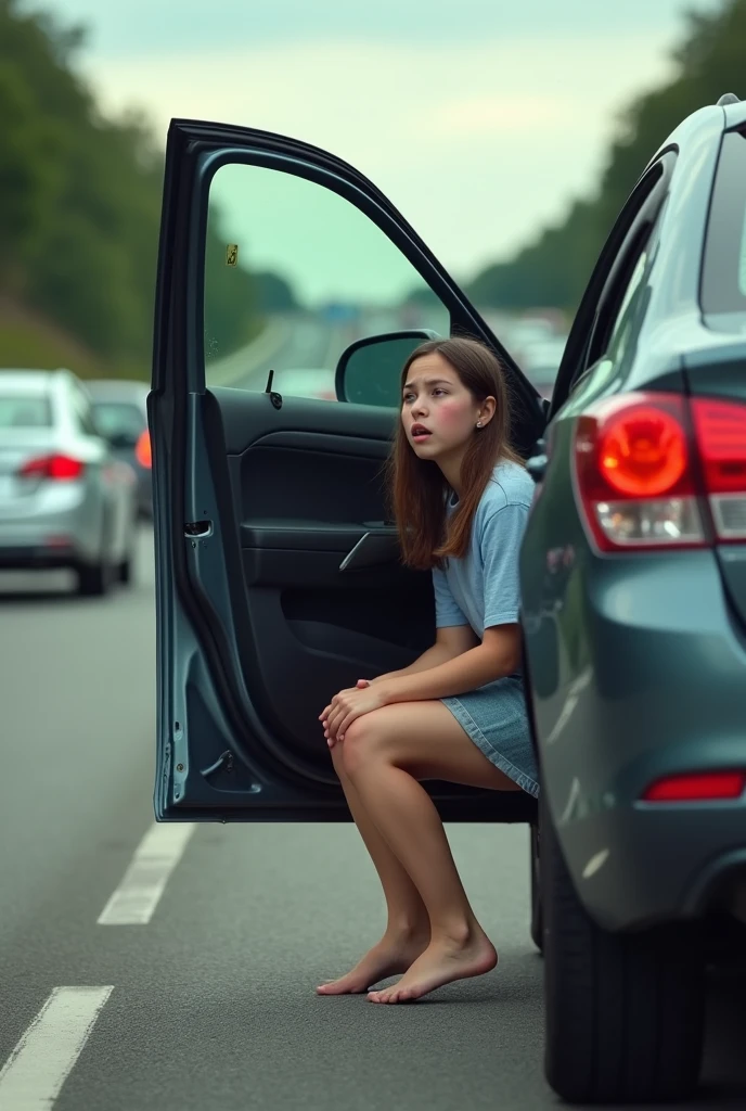  
(A teen girl is urinating, desperately can’t hold it anymore) (no restrooms around) (she made her parents stopped the car in from of traffic to relieve herself ) (Realistic) (she is urinating (urgently) at side of the freeway) ( sitting on the car with the open car door to hide. She really needed to go