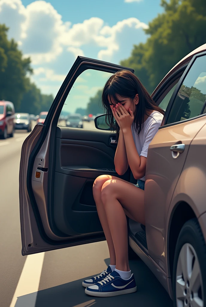  
(A teen girl is urinating, desperately can’t hold it anymore) (no restrooms around) (she made her parents stopped the car in from of traffic to relieve herself ) (Realistic) (she is urinating (urgently) at side of the freeway) ( sitting on the car with the open car door to hide. She really needed to go