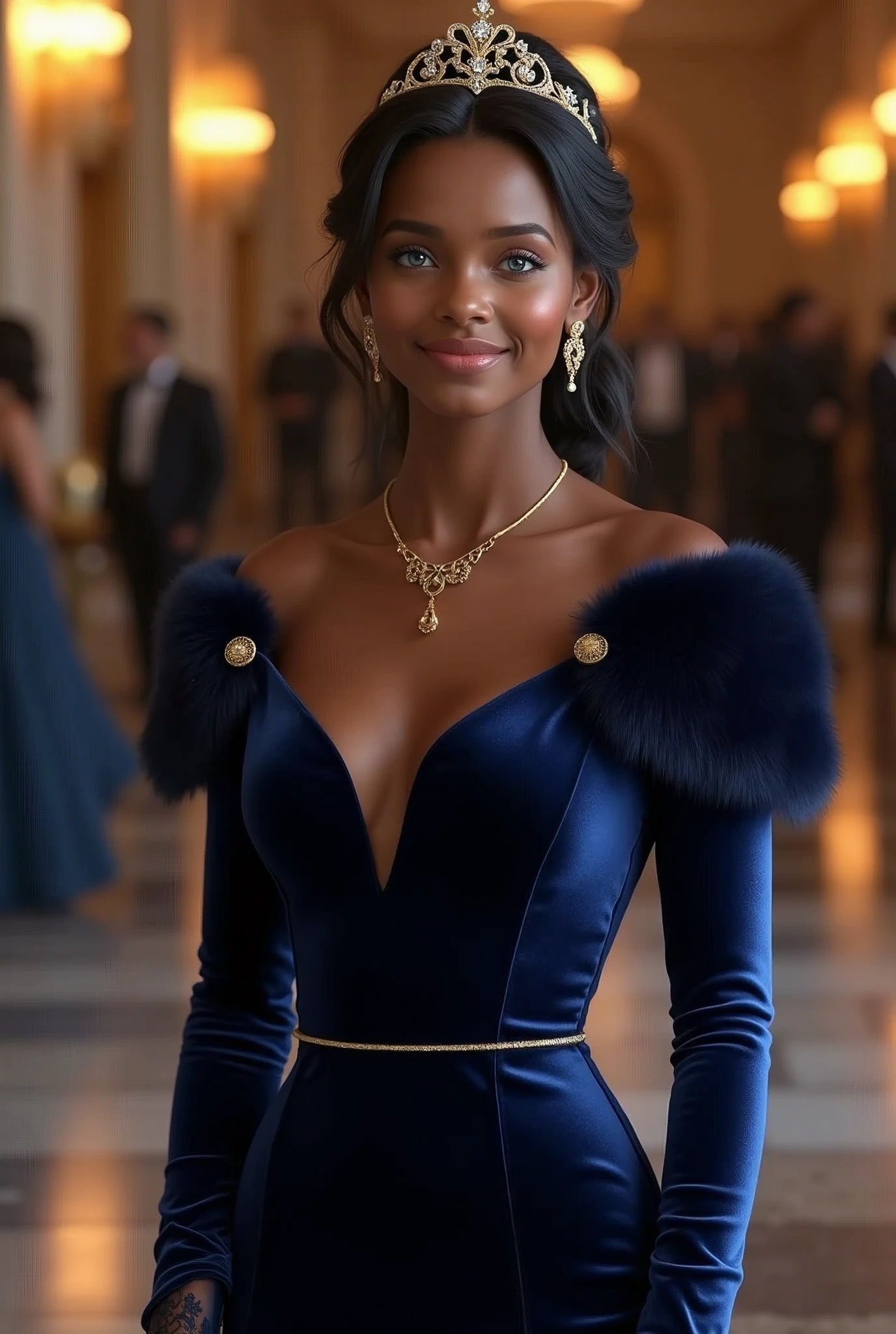 looking at viewer, Black beautiful female, Age: 20 age-old, Black hair , chignon , fringe, beautiful blue eye, little smile, (middle cup breasts, slender whist, middle hip ,beautiful pussy, beautiful anal, public hair),(Royal Navy color Princess dress, evening long dress:1.3), Velvet Fabric、Mink fur covering the shoulders、Crew neck dress、Dress with shoulder decoration, (elbow silk lace glove),stockings, HI heals, gold ring earring, gold neckless, bracelet, tiara , standing on floor, evening dinner Party , night, UHD, accurate, anatomically correct, textured skin, super detail, high details, high quality, best quality,