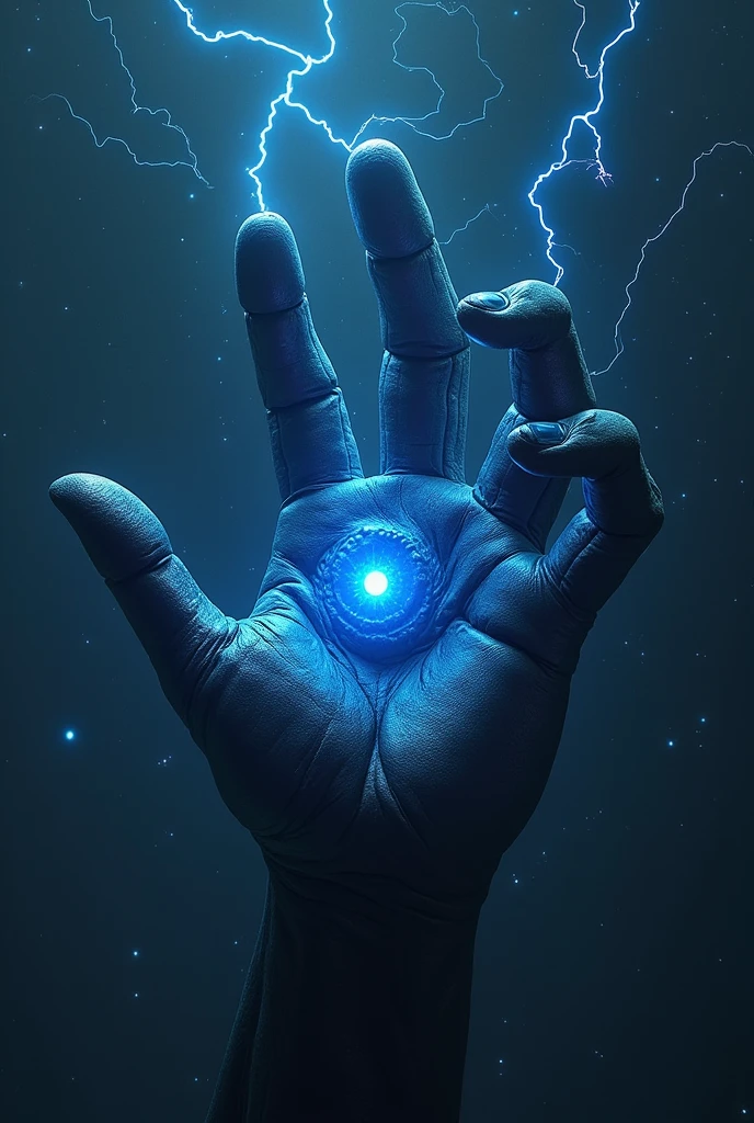 Lovecraftian monster in the shape of a hand. It should not have an arm or a wrist. It is giant and floats through space. It is black and blue electricity runs through it. It has a large eye in the palm, The color blue. The fingers are long and twisted.