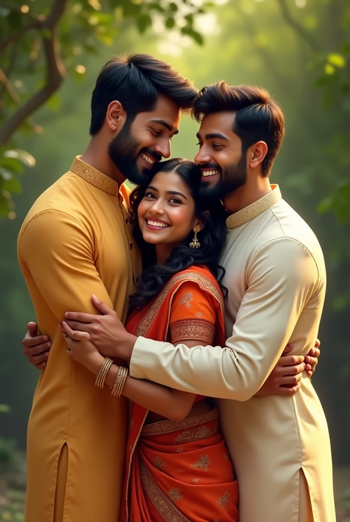 Two indian handsome men and one Indian cute woman hugging