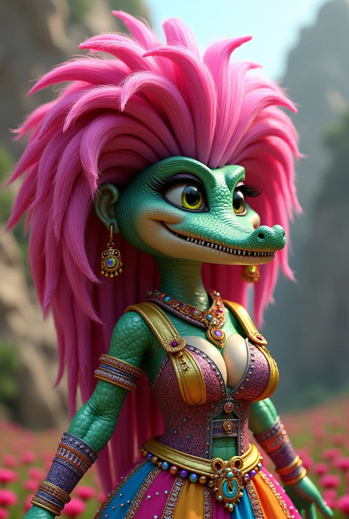 An adult alligator character,A big drag queen from the interior of Minas Gerais ...dressed in flashy clothes ,Large earrings .. full lips and lots of makeup . Big gel nails all matching the LGBT flag. Long pink wigs....3D cartoon character