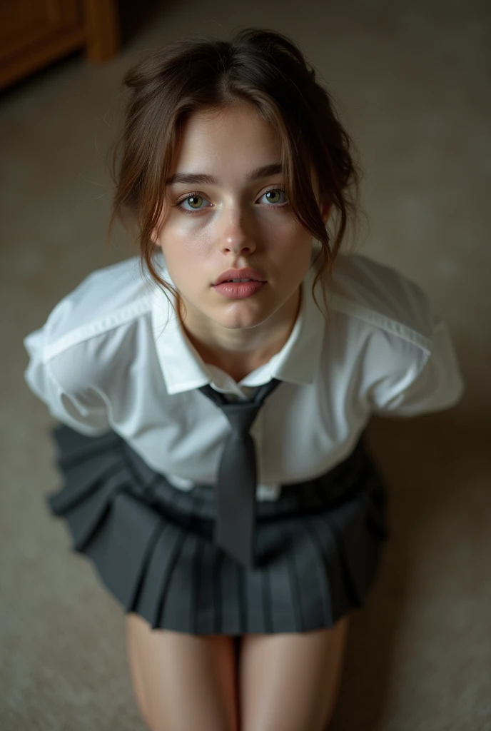 Realistic photo from above of a slim pretty 16-year-old Caucasian woman. She has short light-brown hair. She is wearing a tight white shirt. She is wearing a dark-grey tie. She is wearing a dark-grey pleated skirt. She is kneeling on the floor, in a bedroom. She is looking up to the camera. Both hands are behind her back. Her mouth is slightly open.