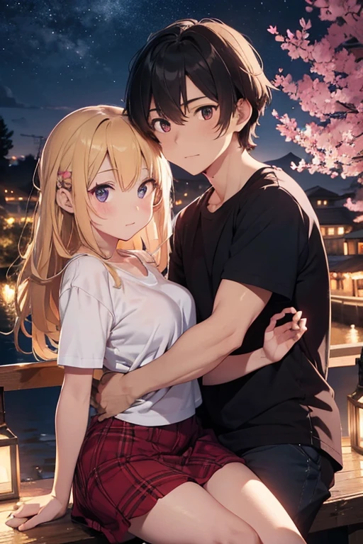 Couple sitting on a tree branch kissing ,They are in the heights, semi-realistic style, She is blonde with long hair , She has a blue t-shirt and skirt and long white socks, He is a vampire, his skin is bluish and he has black hair with bangs and he has a red plaid shirt and black pants. , It is night and the scene is lit by colorful lanterns,There are pink trees and lanterns around.