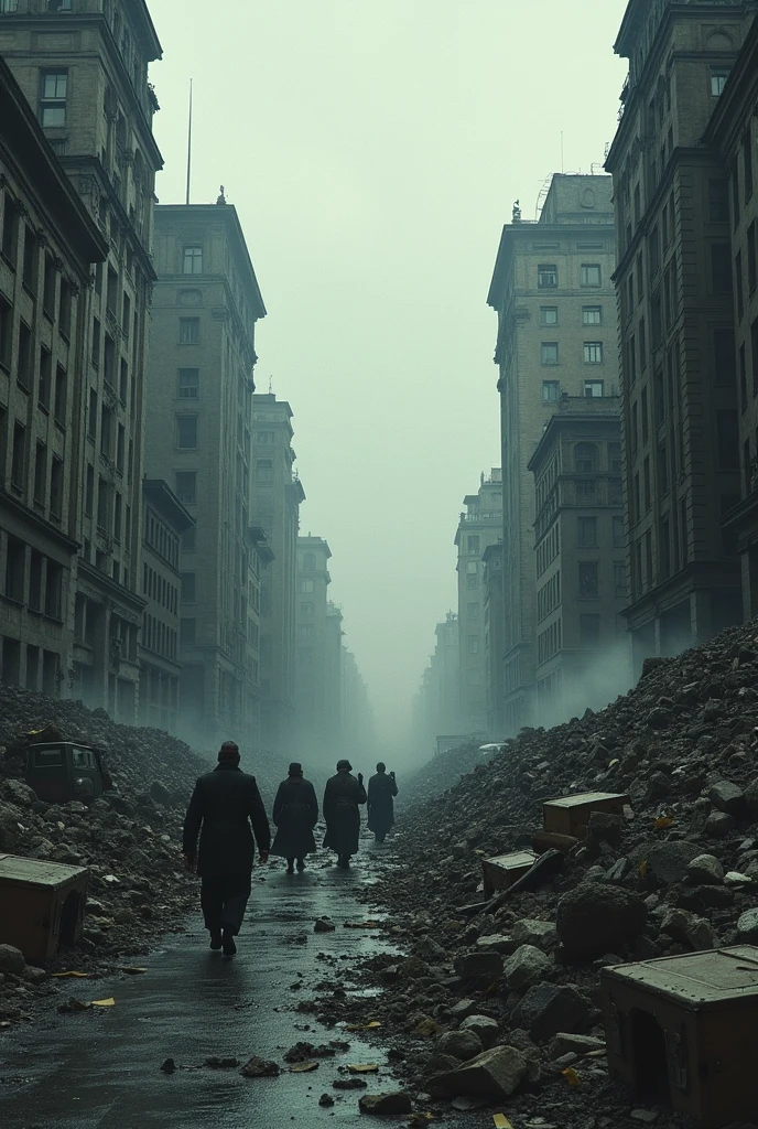 A scene showing the crowded streets of devastated Berlin after World War II, with buildings in ruins and a dark and desolate atmosphere.