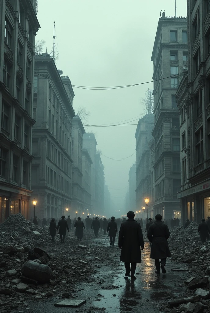 A scene showing the crowded streets of devastated Berlin after World War II, with buildings in ruins and a dark and desolate atmosphere.