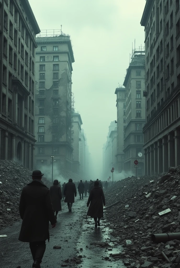 A scene showing the crowded streets of devastated Berlin after World War II, with buildings in ruins and a dark and desolate atmosphere.