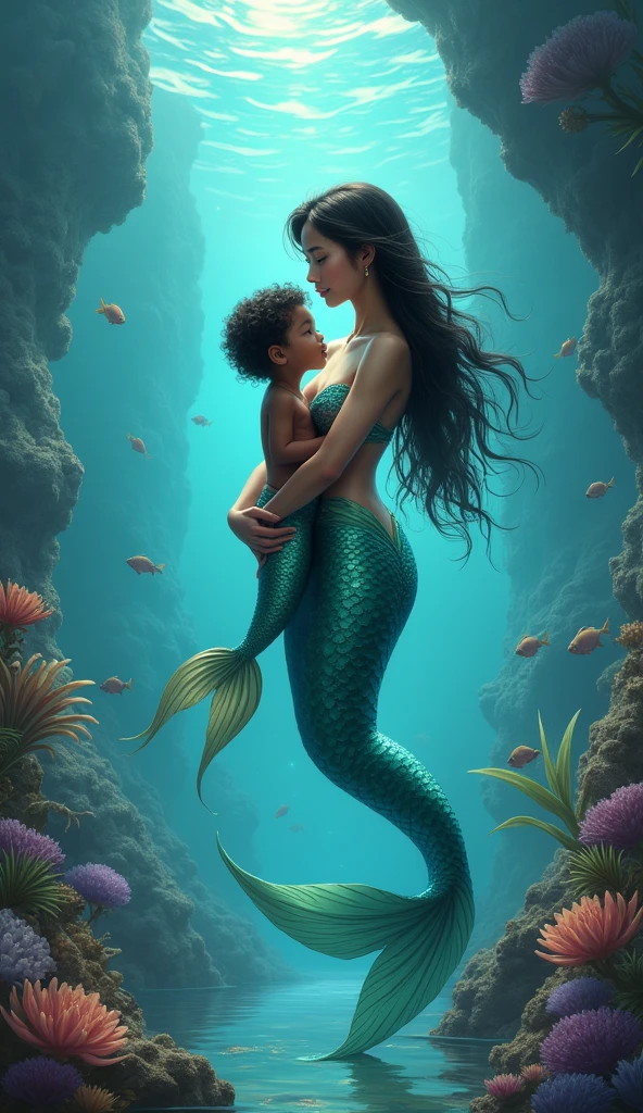 Black mermaid baby with her Asian mother in the mermaid kingdom