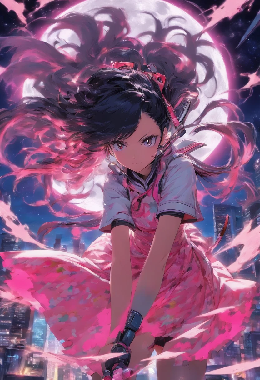Pink and white dress、Long twin tails with black hair、Carrying a fantastical pink circular saw blade、Full moon night、woman、