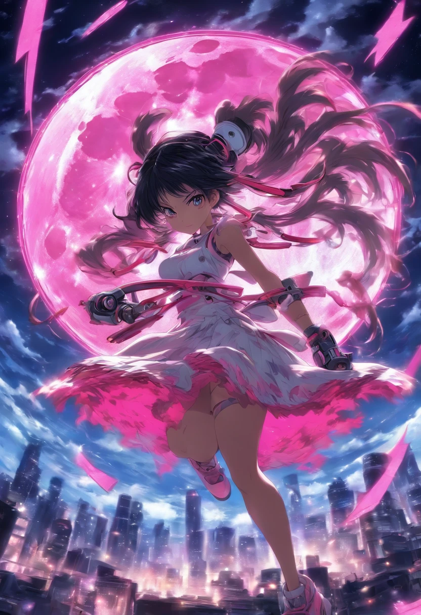 Pink and white dress、Long twin tails with black hair、Carrying a fantastical pink circular saw blade、Full moon night、woman、