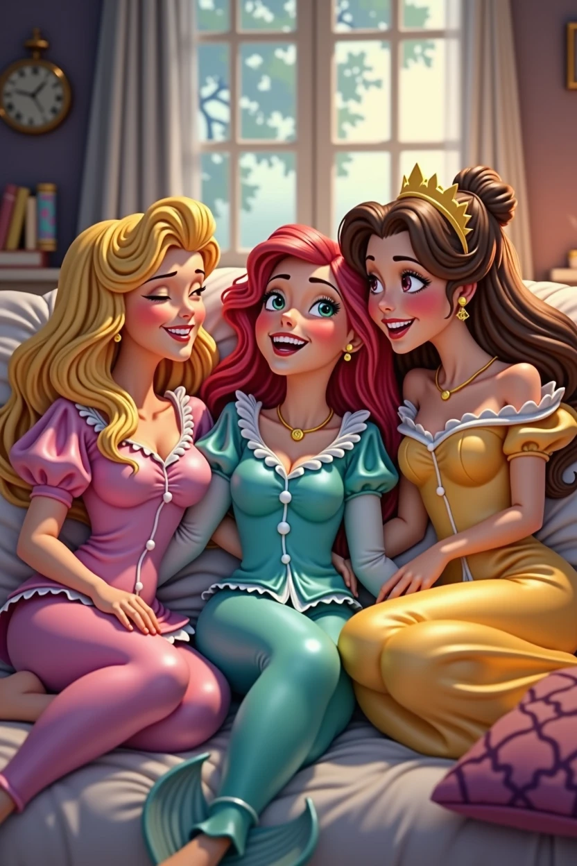 blond sleeping Beauty in a pink pijama, Ariel in turquoise pijama and Belle in a yellow pijama. the 3 friends in a slumber party laughing and having fun